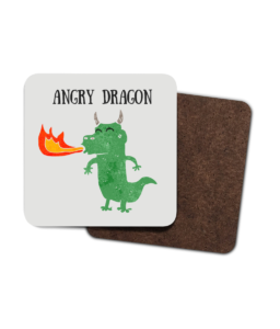 A set of four coasters with a cartoon dragon. The words Angry Dragon also appear.