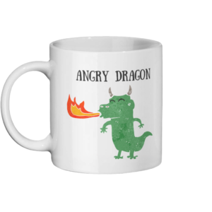 its a mug with a dragon on it blowing out fire