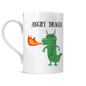 a Mug with a picture of a cartoon dragon it with the words Angry Dragon