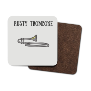 4 coasters with a picture of a trombone on them and the words Rusty Trombone