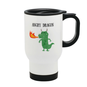 A travel mug with a picture of a dragon on it with the words Angry Dragon